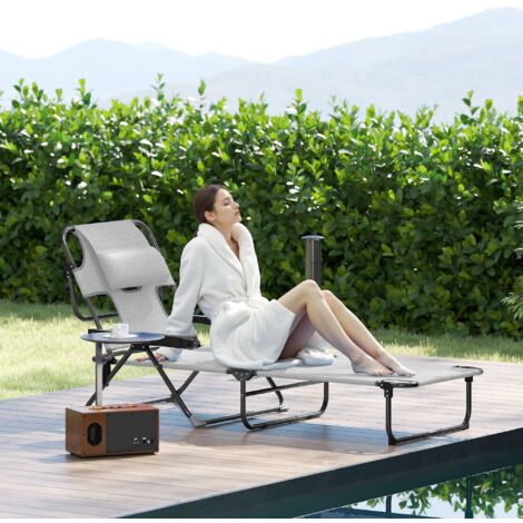 Chaise longue de jardin pliante dossier réglable sur 4 niveaux. trou de lecture et appui-tête 72L x 194l x 89H cm Gris