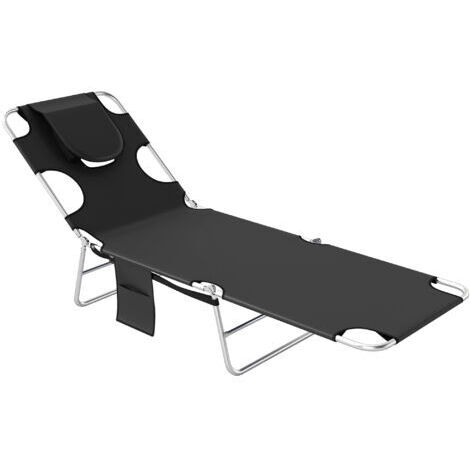 Chaise longue de jardin, transat avec ouverture rembourrée pour le visage, table de massage d'extérieur, poche latérale, tissu, métal, noir