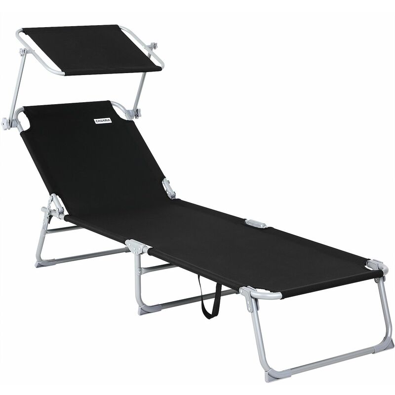 Chaise longue pliable transat avec pare-soleil facile à transporter bain de soleil pour plage jardin camping Noir