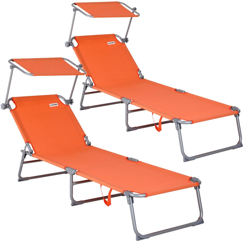 Chaise longue pliable transat avec pare-soleil facile à transporter bain de soleil pour plage jardin camping 2x orange