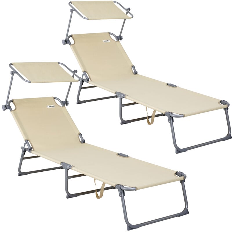 Casaria - Chaise longue pliable transat avec pare-soleil facile à transporter bain de soleil pour plage jardin camping 2x beige