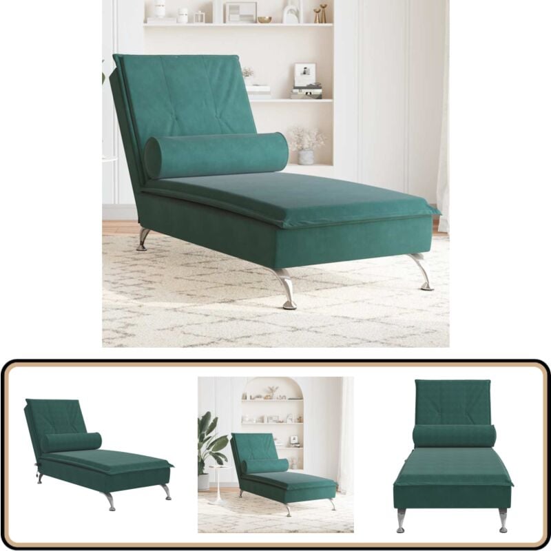 Vidaxl - Chaise longue de massage avec traversin vert foncé velours - Chaises Longues - Fauteuil Relaxant - Chaise Massage - Fauteuil Massant
