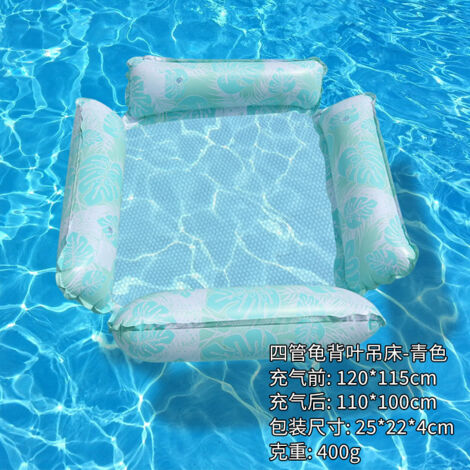 chaise longue de piscine à quatre boudins avec porte-gobelet, hamac flottant portable avec quatre boudins, motif feuille de Monstera, cyan (pompe à air incluse)
