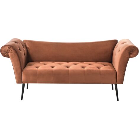 Chaise longue de terciopelo acolchado capitoné marrón dorado Nantilly
