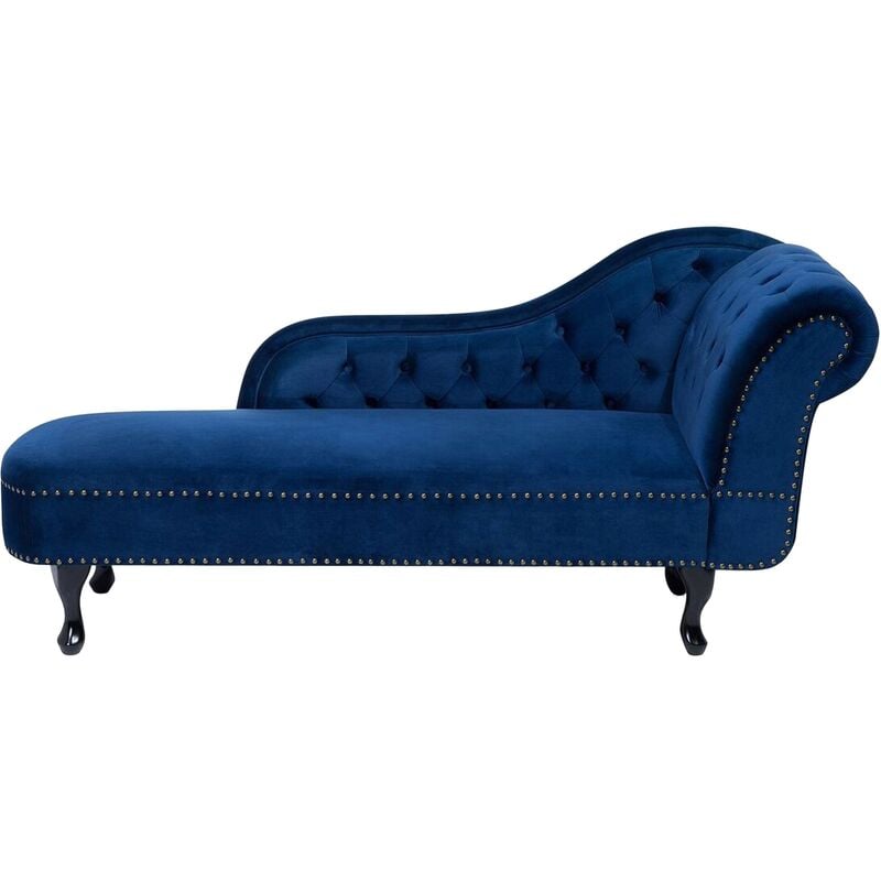 Chaise longue tapizado en terciopelo azul con botones versión derecha Nimes