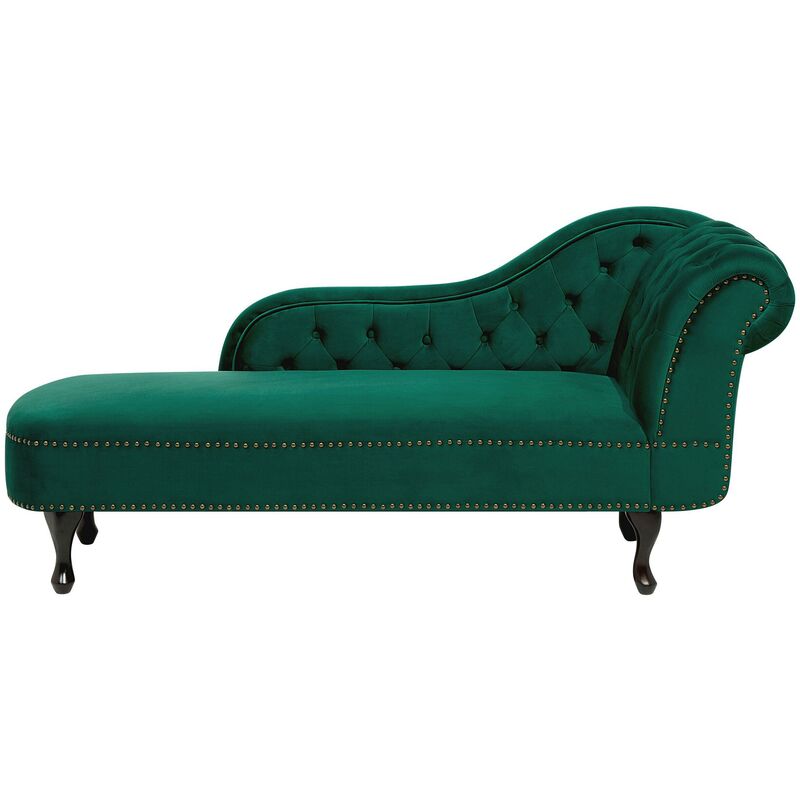 Chaise longue tapizado en terciopelo verde con botones versión derecha Nimes