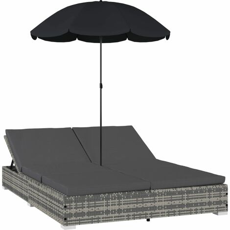 Chaise longue d'extérieur avec parasol Résine tressée Gris vidaXL