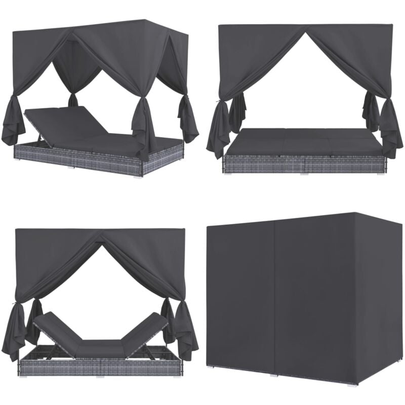 Chaise longue d'extérieur avec rideaux Résine tressée Gris - chaise longue - chaises longues - Home & Living - Gris