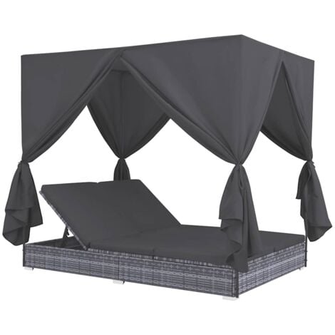 Chaise longue d'extérieur avec rideaux Résine tressée Gris vidaXL