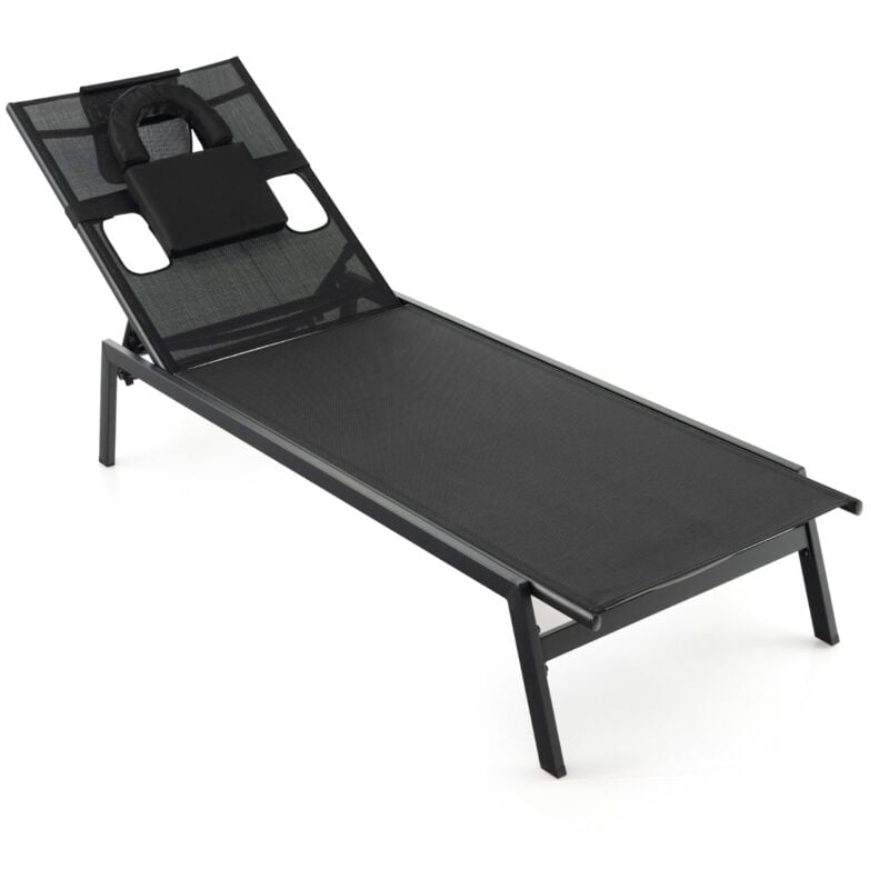 Chaise longue d'extérieur en fer avec 1 face et 2 trous latéraux 5 positions de dossier appui-tête amovible 150 kg noir
