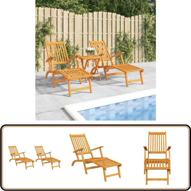 Chaise longue d'extérieur repose-pieds lot de 2 Acacia solide - Chaises Longues - Meubles De Jardin - Transats - Bain De Soleil - Acacia