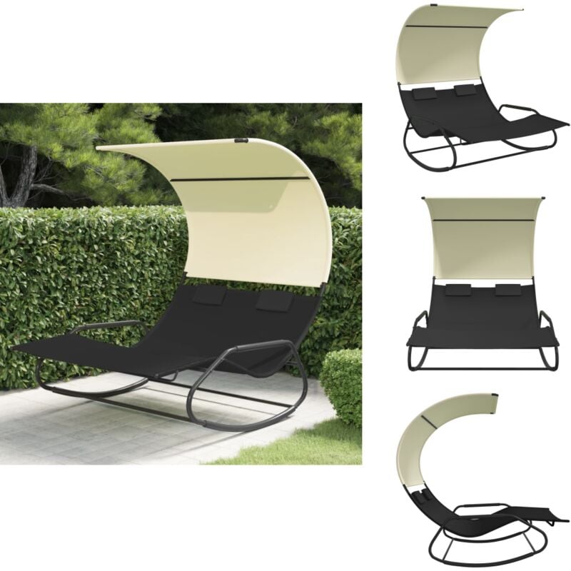 Chaise longue double à bascule avec auvent Noir et crème - Chaise Longue - Transats - Bain De Soleil - Meubles De Jardin - Salon De Jardin