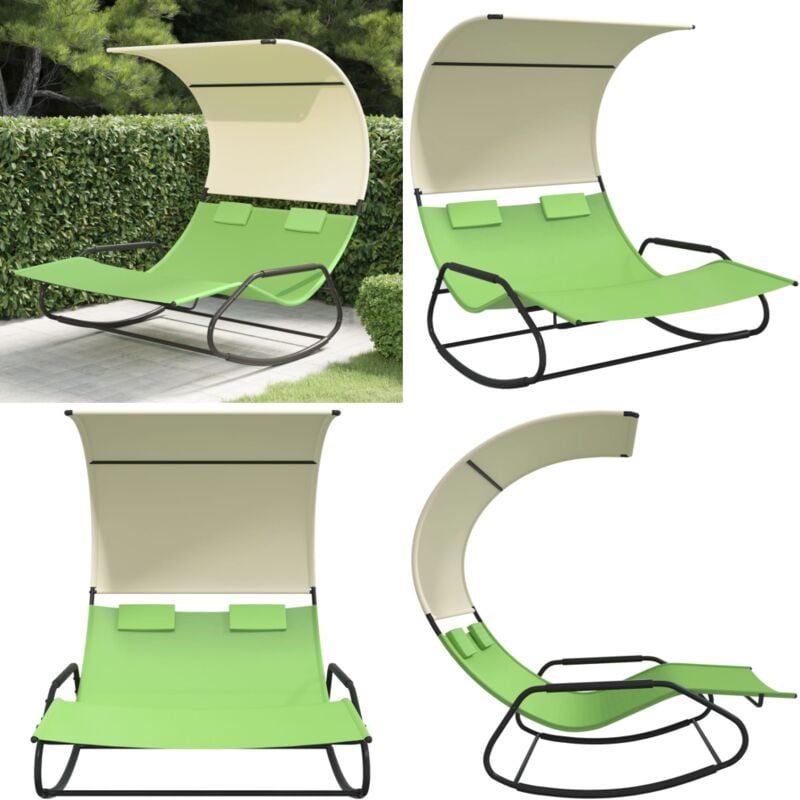 Chaise longue double à bascule avec auvent Vert et crème - Chaises Longues - Transats - Meubles De Jardin - Salon De Jardin - Chaises Relaxantes