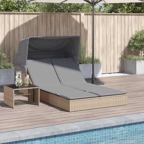 Chaise longue double avec auvent et coussins-Bain de soleil-Transat de relaxation beige poly rotin 635145