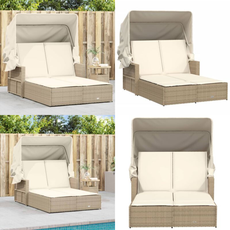 Chaise longue double avec auvent et coussins beige poly rotin - Chaises Longues - Chaises Longues Doubles - Bain De Soleil - Mobilier De Jardin