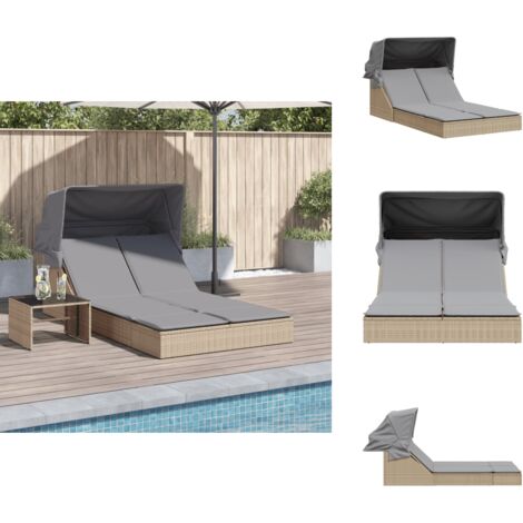 Chaise longue double avec auvent et coussins beige poly rotin - Chaises Longues - Chaises Longues Doubles - Transats - Lit De Bronzage - Mobilier De Jardin