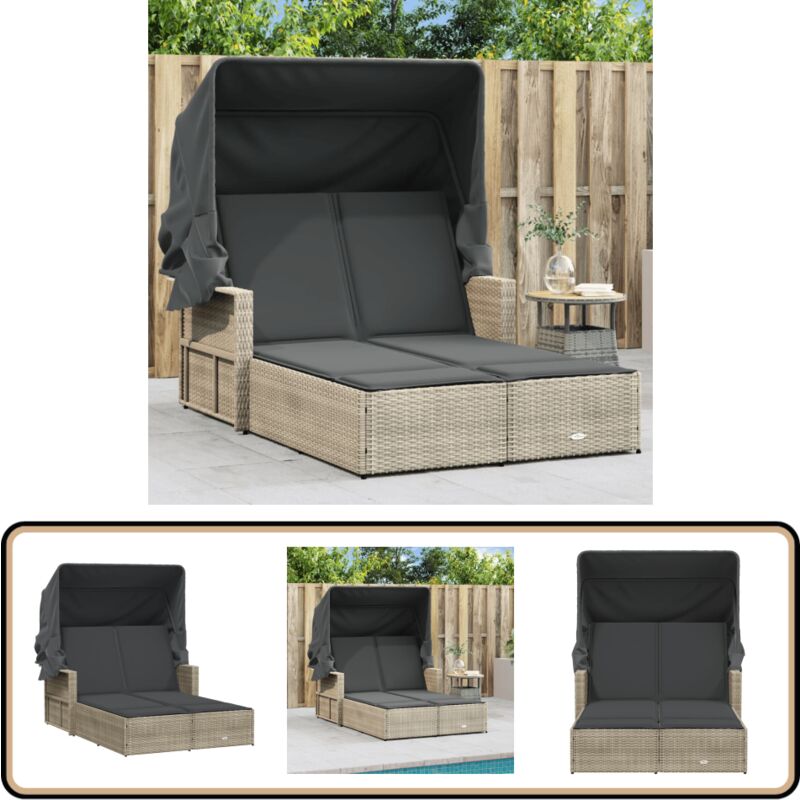 Chaise longue double avec auvent et coussins gris clair rotin - Chaises Longues Doubles - Chaises Longues Pliantes - Transats - Lit De Bronzage