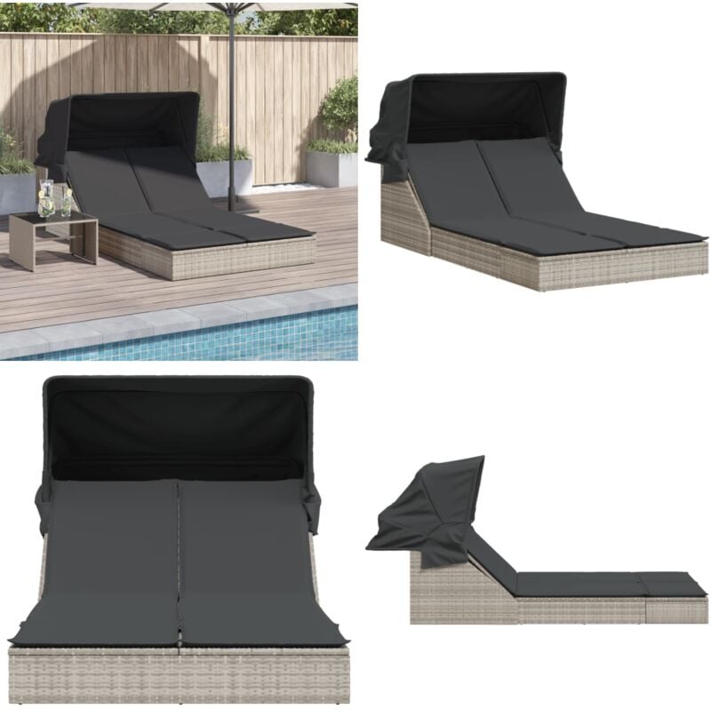 Chaise longue double avec auvent et coussins gris clair rotin - Chaises Longues - Salon De Jardin - Bain De Soleil - Mobilier De Jardin - Chaises