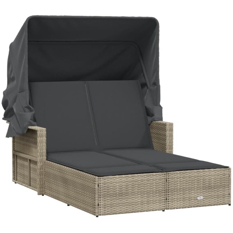 Chaise longue double avec auvent et coussins gris clair rotin - Vidaxl
