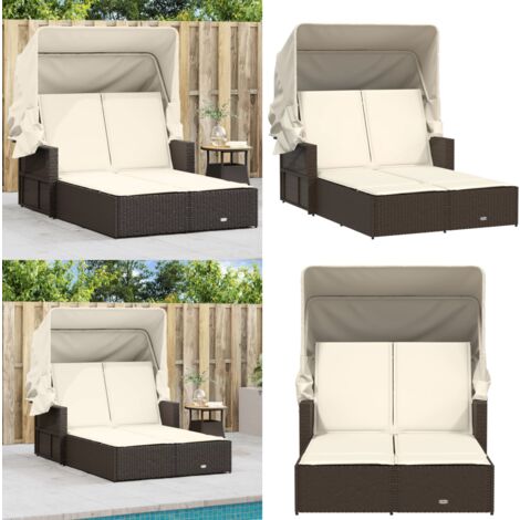 Chaise longue double avec auvent et coussins marron poly rotin - Chaises Longues Doubles - Chaises Longues Pliantes - Transats - Lit De Bronzage - Mobilier De Jardin - Home & Living