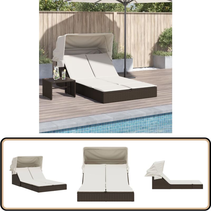 Chaise longue double avec auvent et coussins marron poly rotin - Chaises Longues Doubles - Transats - Salon De Jardin - Mobilier De Jardin - Chaises