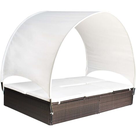 Chaise Longue Double avec Auvent Résine Tressée Jardin Patio Brun/Noir vidaXL