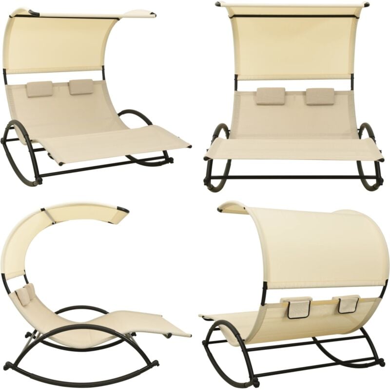 Chaise longue double avec auvent Textilène Crème - Chaises Longues - Bain De Soleil - Mobilier De Jardin - Chaises Longues Doubles - Relaxations