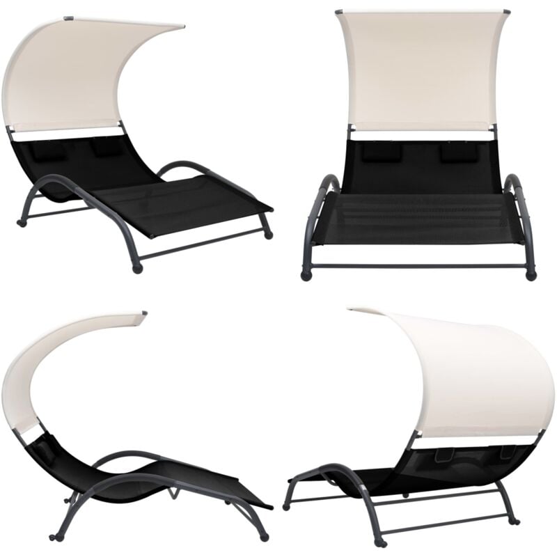 Chaise longue double avec auvent textilène noir - Chaises Longues Doubles - Chaises Longues Extérieur - Transats - Mobilier De Jardin - Relaxations