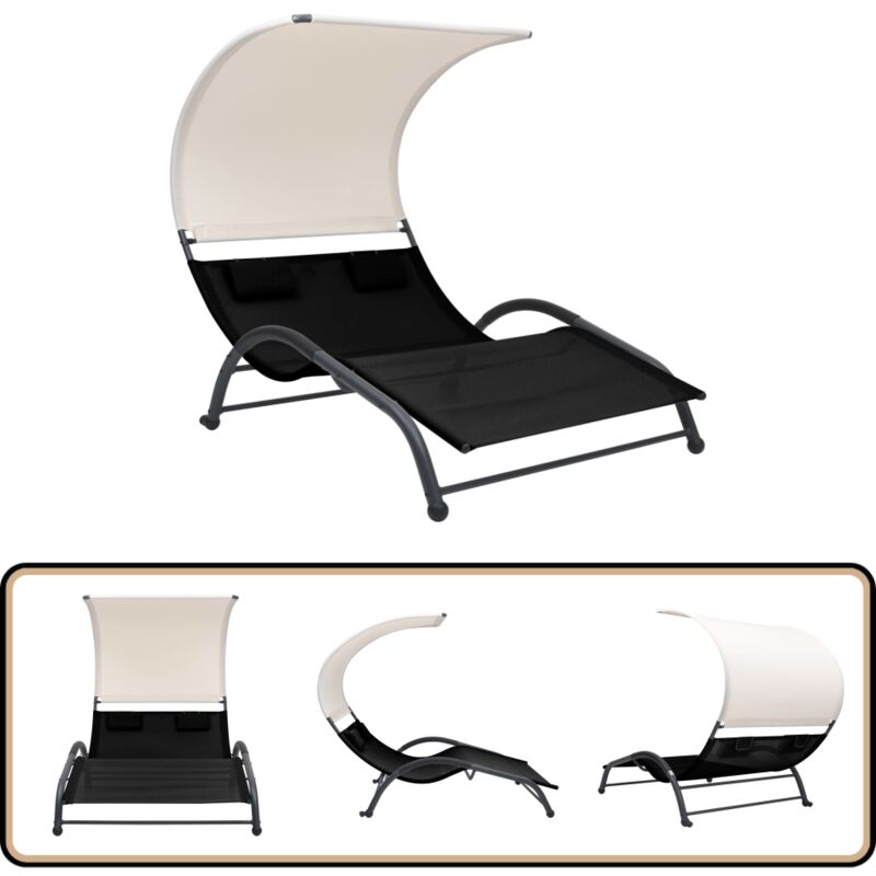 Chaise longue double avec auvent textilène noir - Chaises Longues Doubles - Chaises Longues Extérieur - Transats - Mobilier De Jardin - Relaxations