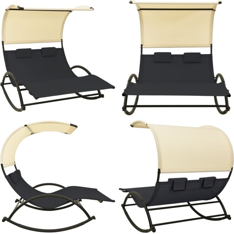Chaise longue double avec auvent textilène noir et crème - Chaises Longues Doubles - Chaises Longues Extérieur - Transats Pliants - Mobilier De