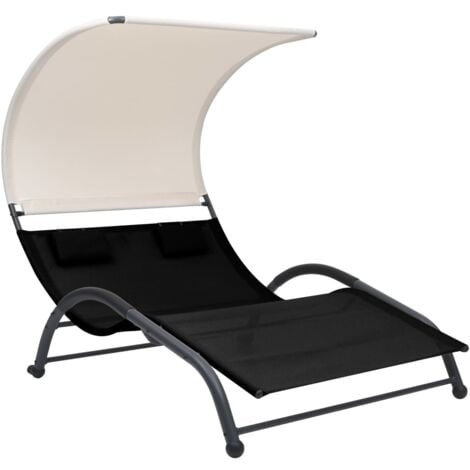 Chaise longue double avec auvent textilène noir vidaXL
