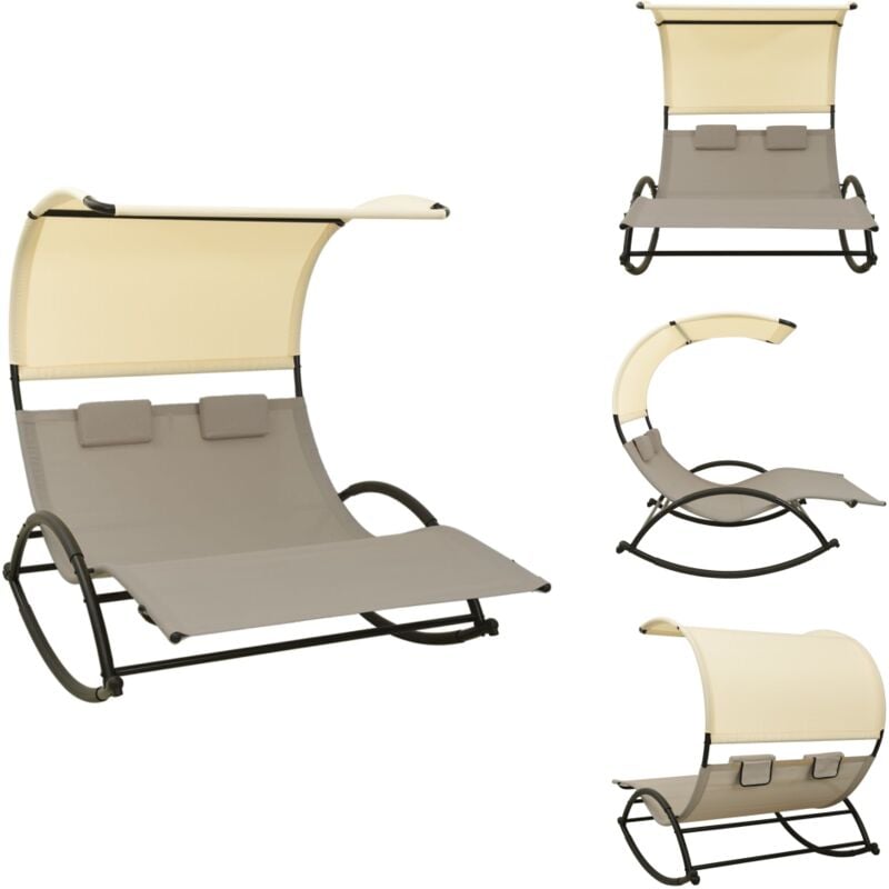Chaise longue double avec auvent Textilène Taupe et crème - Chaises Longues - Bain De Soleil - Mobilier De Jardin - Chaises Longues Doubles