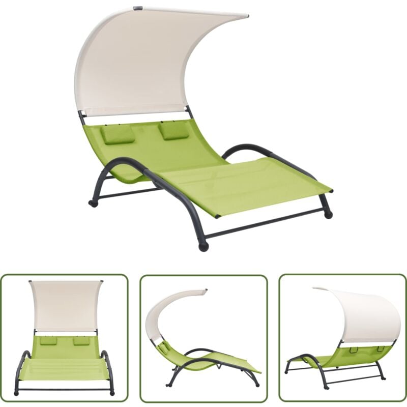 Les Tendances - The Living Store Chaise longue double avec auvent textilène vert - Chaises Longues - Bain De Soleil - Mobilier De Jardin - Chaises