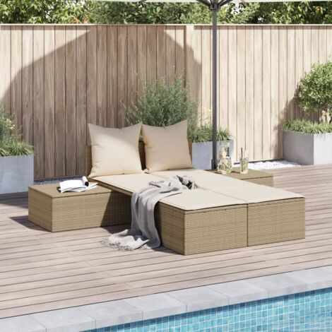 Chaise longue double avec coussins-Bain de soleil-Transat de relaxation beige résine tressée 168789