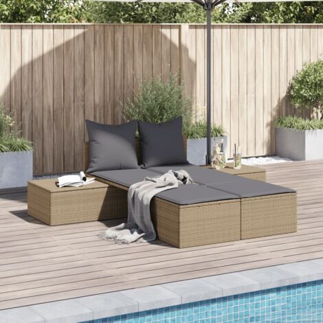 Chaise longue double avec coussins-Bain de soleil-Transat de relaxation beige résine tressée 594775