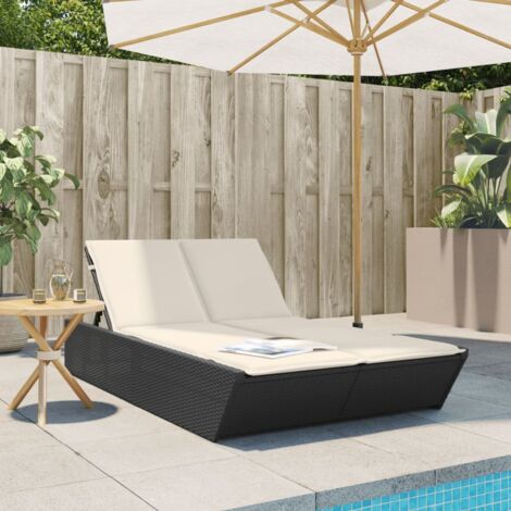 Chaise longue double avec coussins-Bain de soleil-Transat de relaxation noir résine tressée 755238