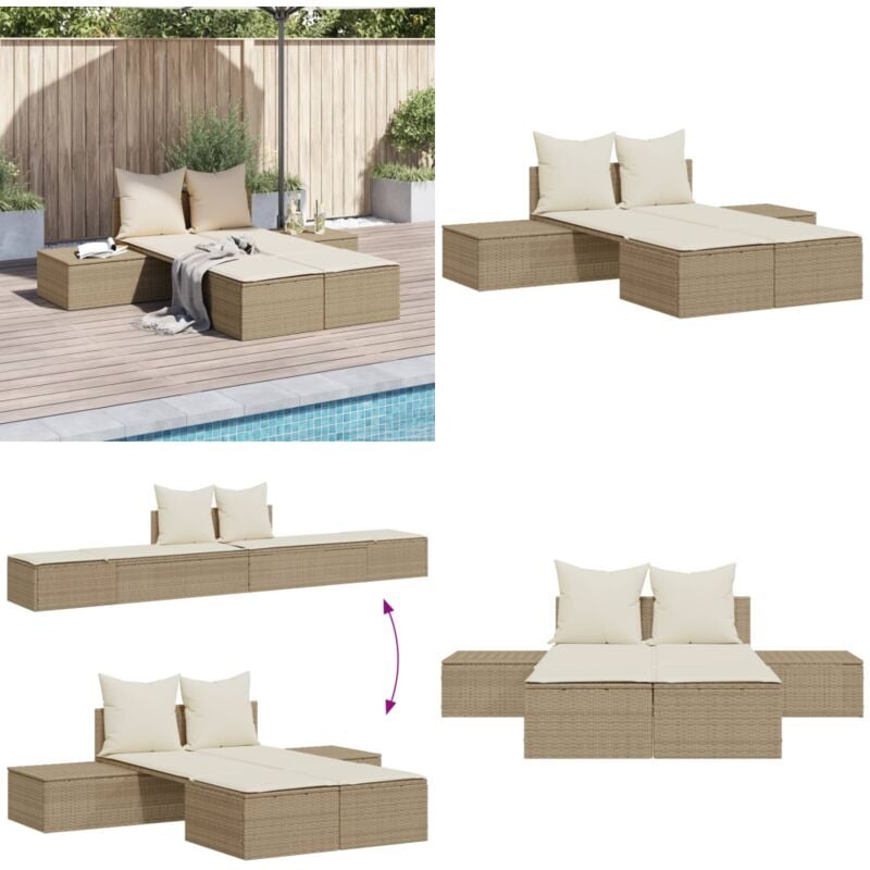 Chaise longue double avec coussins beige résine tressée - Chaises Longues Doubles - Chaises Longues De Jardin - Salon De Jardin - Mobilier De Jardin