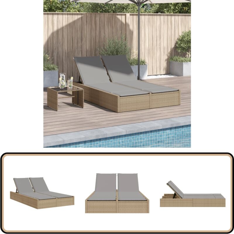 Chaise longue double avec coussins beige résine tressée - Chaises Longues Doubles - Chaises Longues Pliantes - Transats - Lit De Bronzage - Mobilier