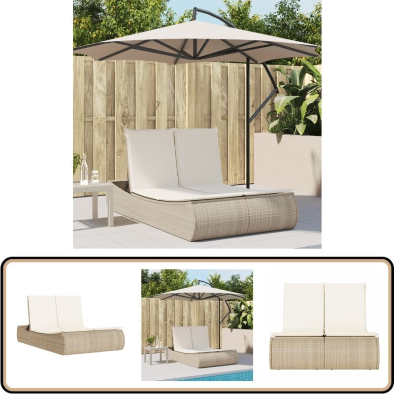 Chaise longue double avec coussins beige résine tressée - Chaises Longues Doubles - Transats - Lit De Bronzage - Mobilier De Jardin - Chaises