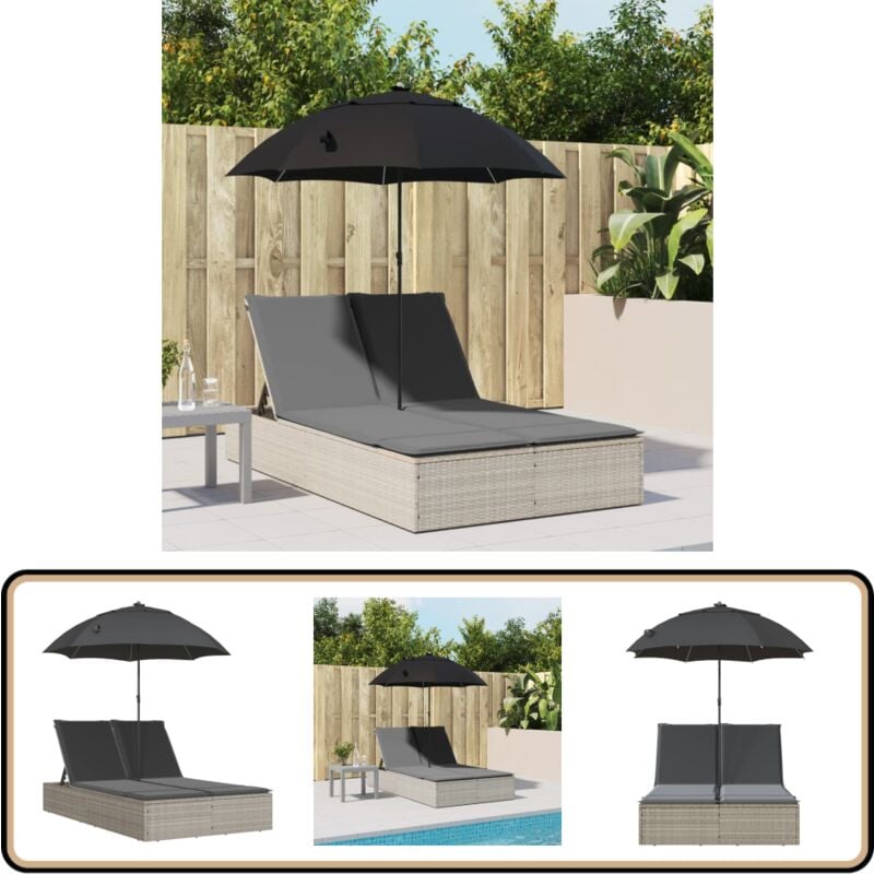 Chaise longue double avec coussins et parasol gris clair rotin - Chaises Longues Doubles - Transats - Lit De Bronzage - Mobilier De Jardin - Chaises