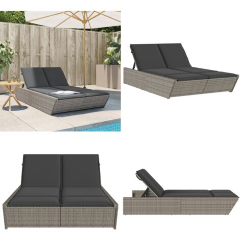 Chaise longue double avec coussins gris résine tressée - Chaises Longues Doubles - Chaises Longues Pliantes - Transats - Lit De Bronzage - Meubles De Jardin - Home & Living
