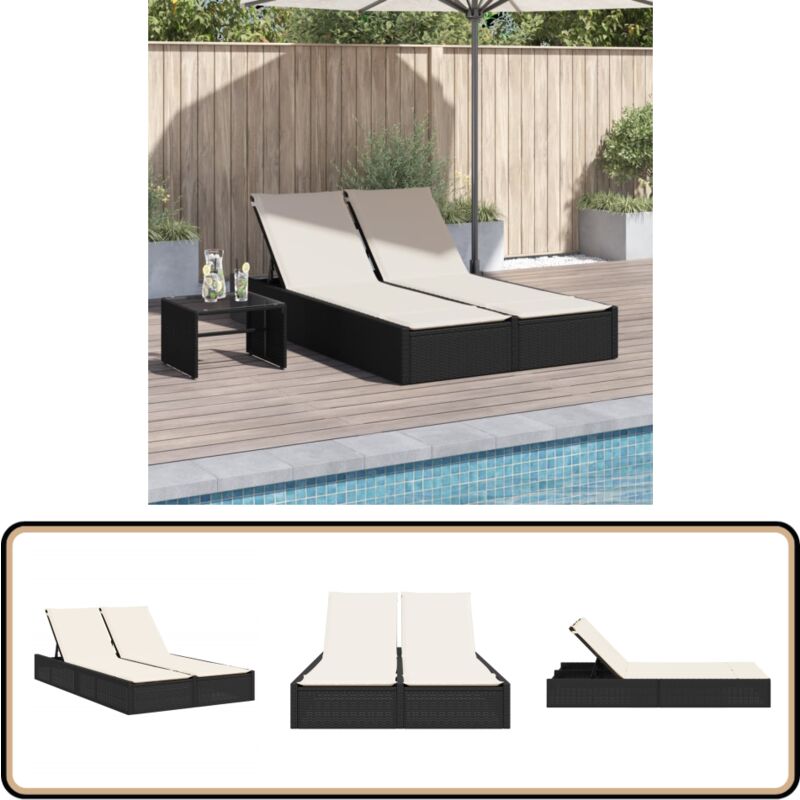 Chaise longue double avec coussins noir résine tressée - Chaises Longues Doubles - Bain De Soleil - Fauteuil De Jardin - Mobilier De Jardin - Chaises