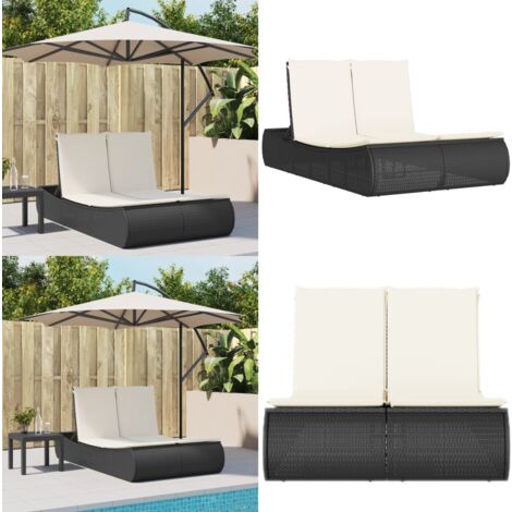 Chaise longue double avec coussins noir résine tressée - Chaises Longues Doubles - Transats - Lit De Bronzage - Mobilier De Jardin - Chaises Extérieures - Home & Living