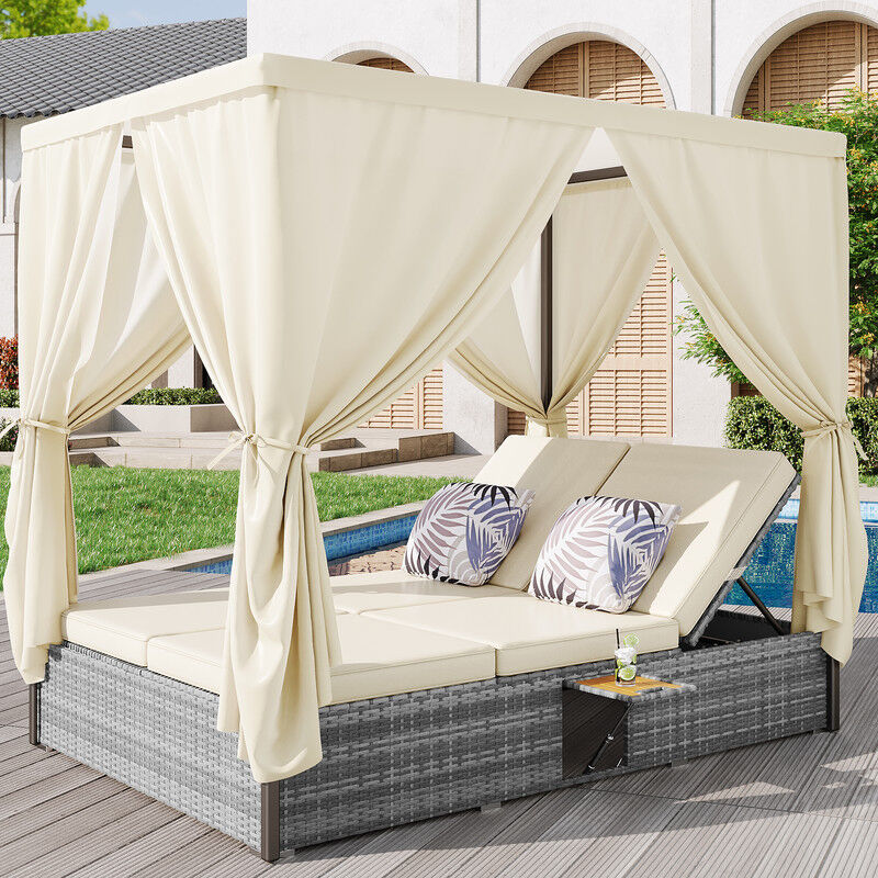 Chaise longue double avec rideau d'ombrage, chaise longue d'extérieur en polyrotin pour 2 personnes, mobilier d'extérieur pour salon avec coussin et