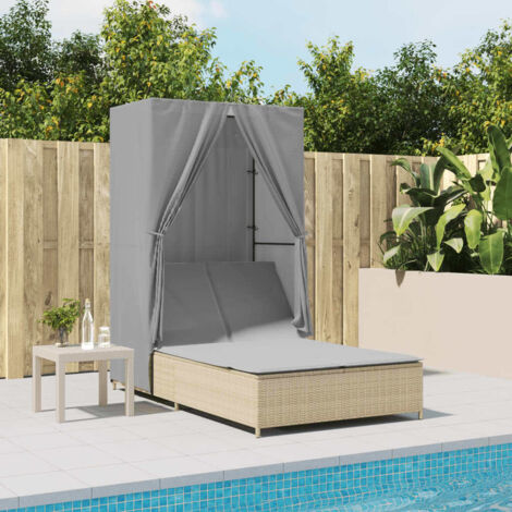 Chaise longue double avec toit et rideaux-Bain de soleil-Transat de relaxation beige résine tressée 137321
