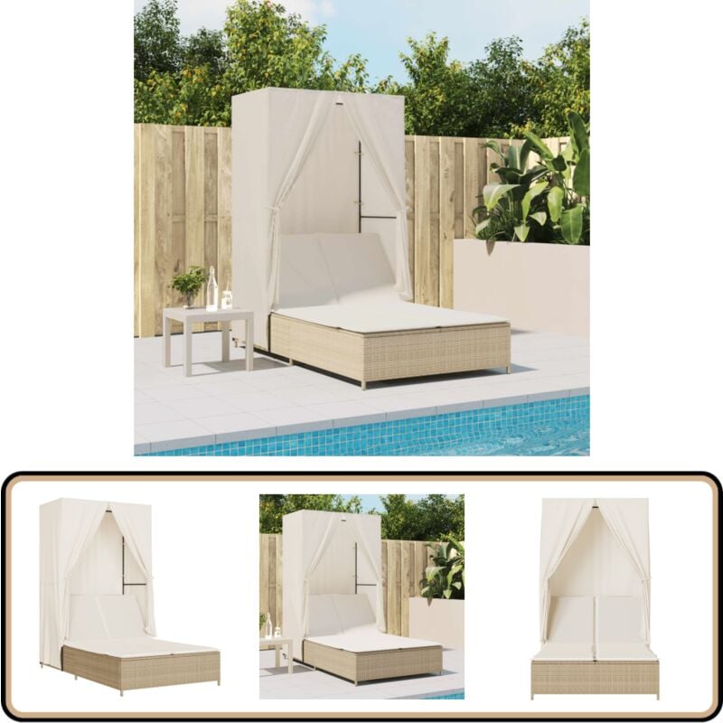 Chaise longue double avec toit et rideaux beige résine tressée - Chaises Longues Doubles - Transats - Bain De Soleil - Mobilier De Jardin - Chaises