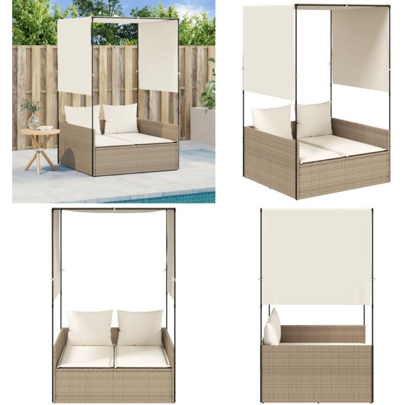 Chaise longue double avec toit et rideaux beige résine tressée - Chaises Longues Doubles - Transats - Lit De Bronzage - Mobilier De Jardin - Chaises