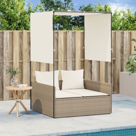 Vidaxl – Chaise longue double avec toit et rideaux – Résine tressée beige – Dimensions 118 x 110 x 187 cm – Coussins épais amovibles