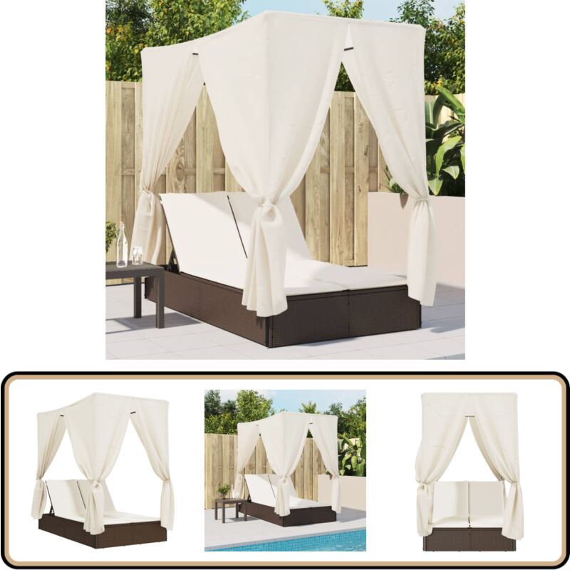 Chaise longue double avec toit et rideaux marron résine tressée - Chaises Longues Doubles - Transats - Bain De Soleil - Mobilier De Jardin - Chaises