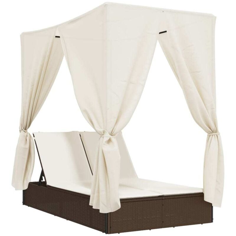 Vidaxl - Chaise longue double avec toit et rideaux marron résine tressée